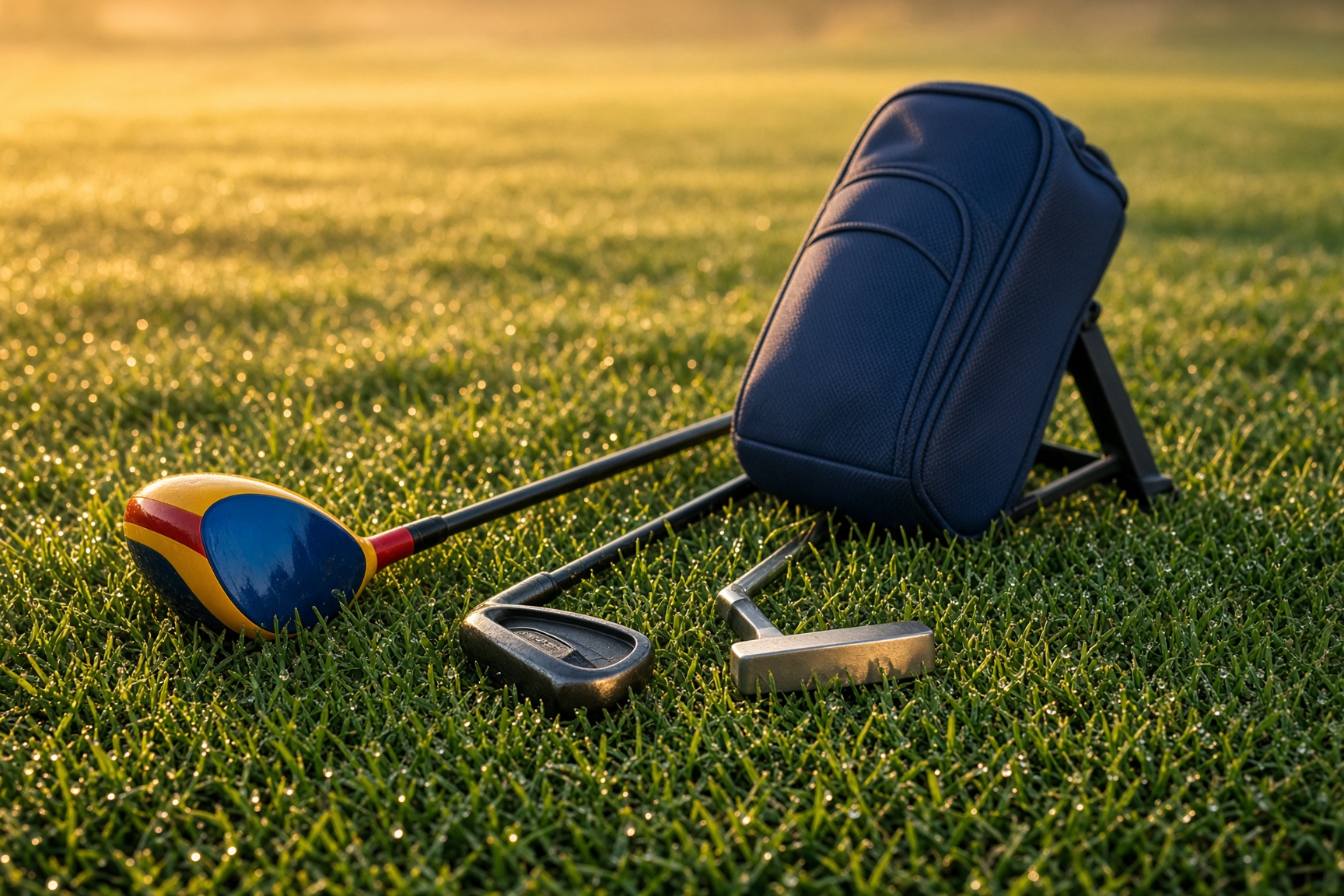 Short junior clubs and a small stand bag on the grass