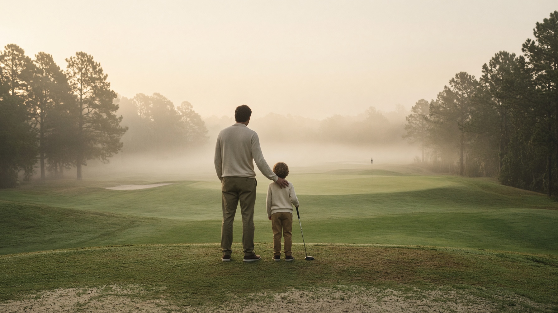 A parent and child on a tee box, looking down the fairway